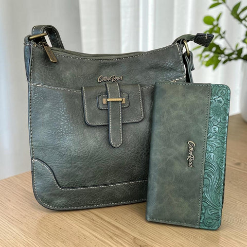 Cotton Road Sling Bag: GREEN PU Leather Crossbody with Matching Wallet