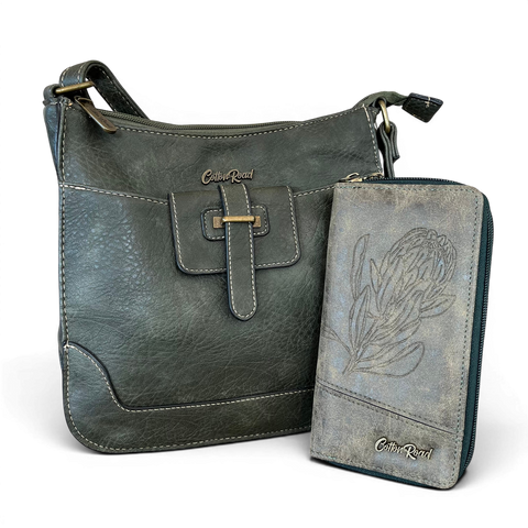 Cotton Road Sling Bag: GREEN PU Leather and Matching Protea Design Wallet