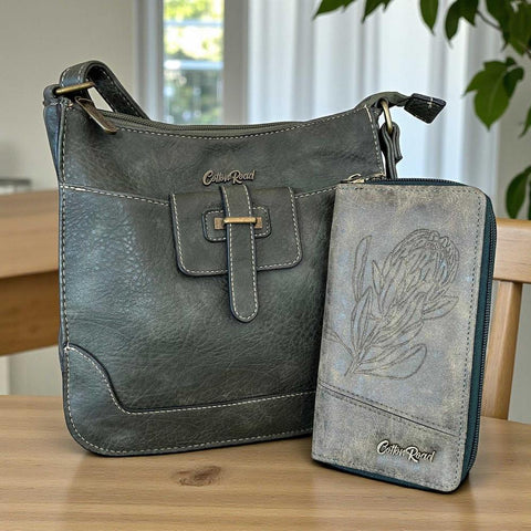 Cotton Road Sling Bag: GREEN PU Leather and Matching Protea Design Wallet