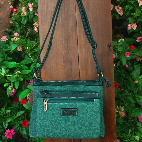 Cotton Road Sling Bag: GREEN Printed FLORAL PU Leather Sling Bag