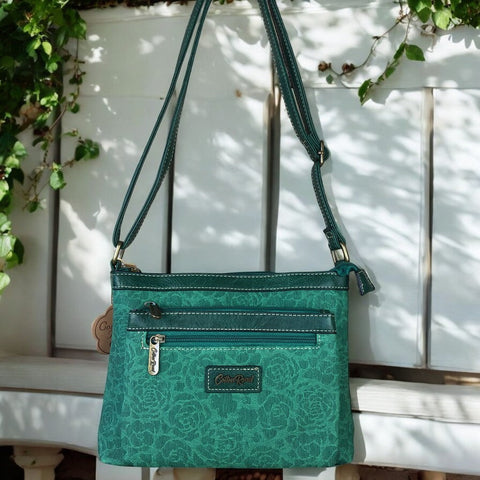 Cotton Road Sling Bag: GREEN Printed FLORAL PU Leather Sling Bag