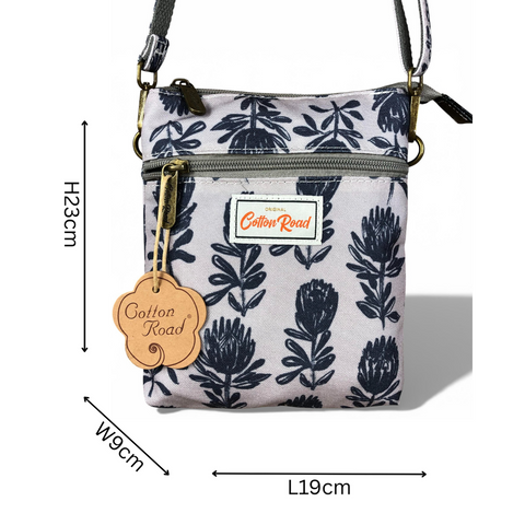 Cotton Road Sling Bag: GREY Canvas Mini Sling Bag with PROTEAS