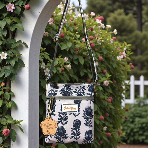 Cotton Road Sling Bag: GREY Canvas Mini Sling Bag with PROTEAS