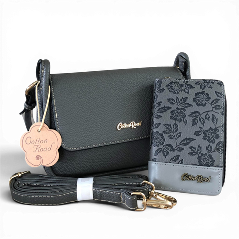 Cotton Road Sling Bag: GREY PU Leather with Shoulder Strap with Matching Wallet