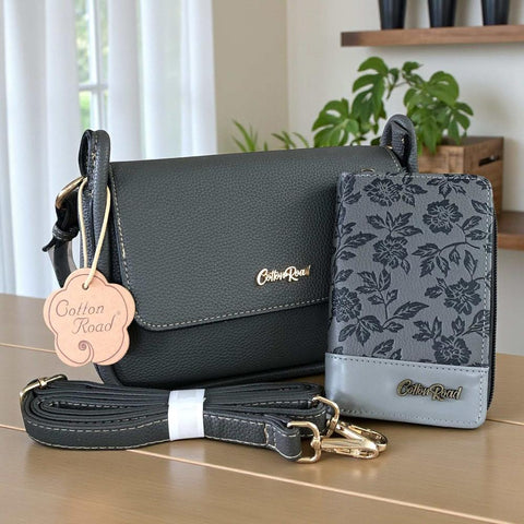 Cotton Road Sling Bag: GREY PU Leather with Shoulder Strap with Matching Wallet