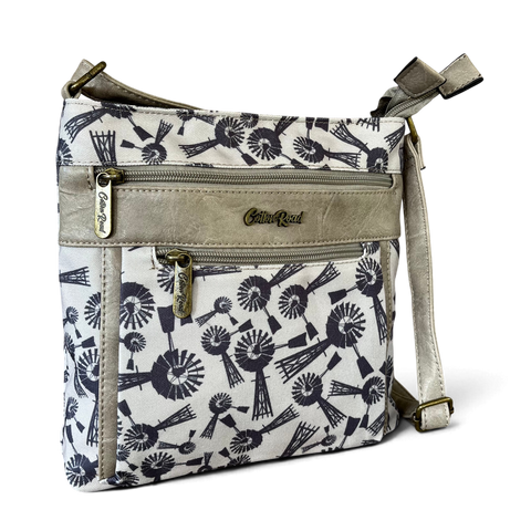 Cotton Road Sling Bag: Grey Canvas with PU Leather Trim and Windmill design