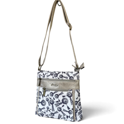Cotton Road Sling Bag: Grey Canvas with PU Leather Trim and Windmill design