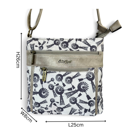 Cotton Road Sling Bag: Grey Canvas with PU Leather Trim and Windmill design