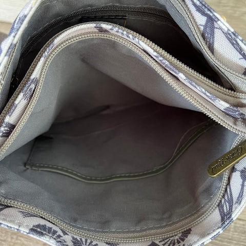 Cotton Road Sling Bag: Grey Canvas with PU Leather Trim and Windmill design
