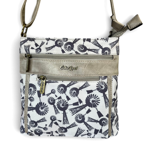 Cotton Road Sling Bag: Grey Canvas with PU Leather Trim and Windmill design