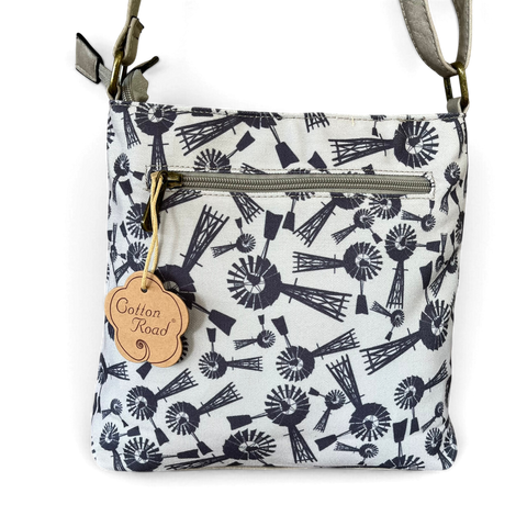 Cotton Road Sling Bag: Grey Canvas with PU Leather Trim and Windmill design