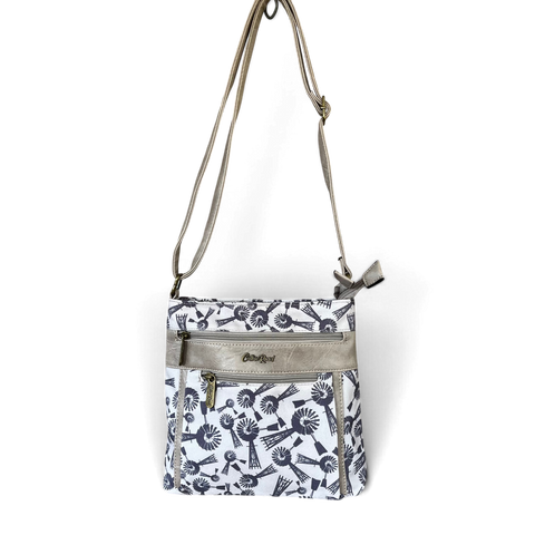 Cotton Road Sling Bag: Grey Canvas with PU Leather Trim and Windmill design
