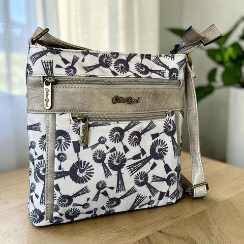 Cotton Road Sling Bag: Grey Canvas with PU Leather Trim and Windmill design
