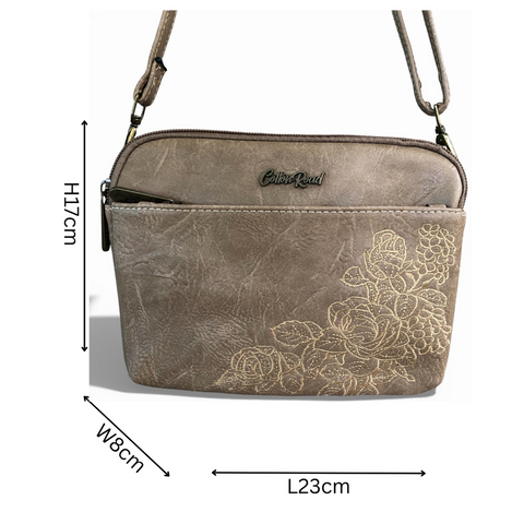 Cotton Road Sling Bag: KHAKI EMBROIDERED FLORAL PU Leather Mini Sling Bag