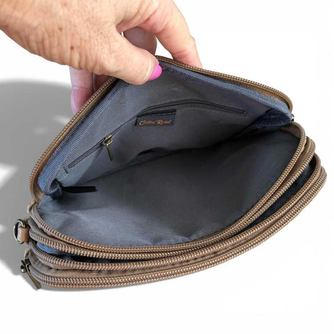 Cotton Road Sling Bag: KHAKI EMBROIDERED FLORAL PU Leather Mini Sling Bag