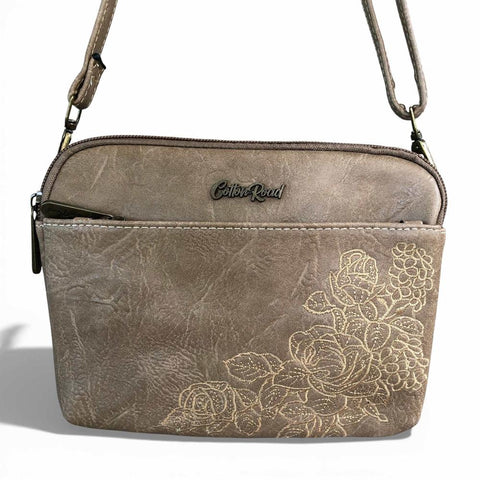 Cotton Road Sling Bag: KHAKI EMBROIDERED FLORAL PU Leather Mini Sling Bag
