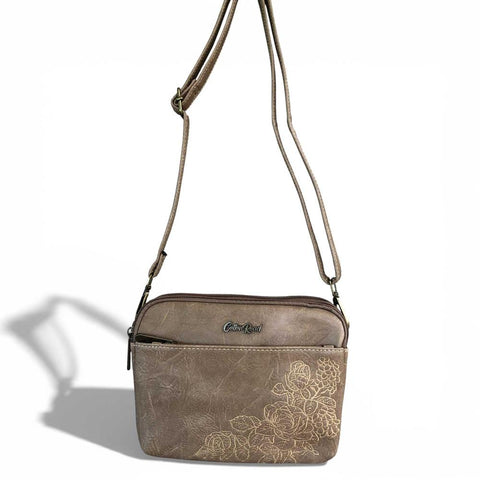 Cotton Road Sling Bag: KHAKI EMBROIDERED FLORAL PU Leather Mini Sling Bag