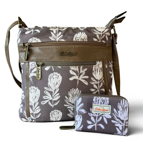 Cotton Road Sling Bag: KHAKI FLORAL Canvas with Matching Card Holder