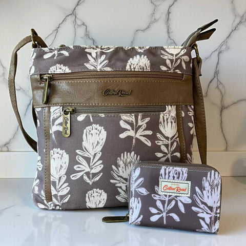 Cotton Road Sling Bag: KHAKI FLORAL Canvas with Matching Card Holder