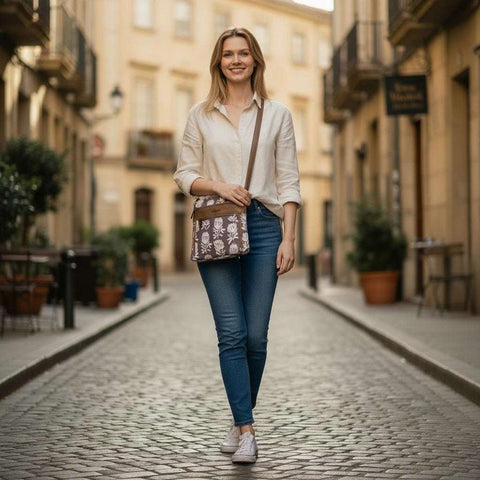 Cotton Road Sling Bag: KHAKI FLORAL Canvas with PU Leather Trim