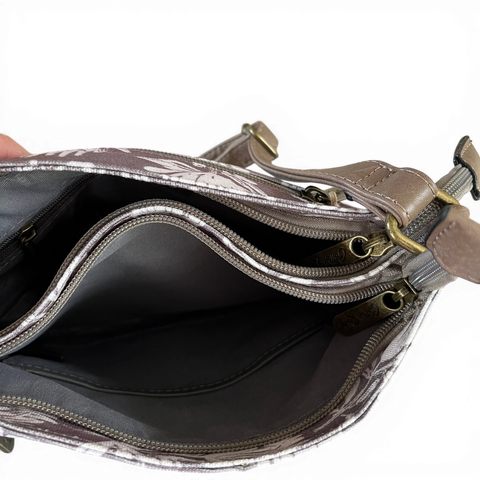 Cotton Road Sling Bag: KHAKI FLORAL Canvas with PU Leather Trim