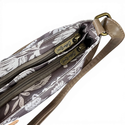 Cotton Road Sling Bag: KHAKI FLORAL Canvas with PU Leather Trim