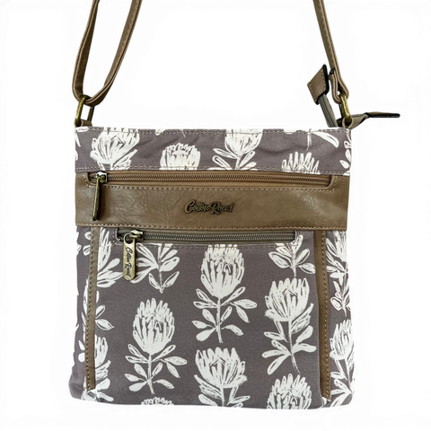 Cotton Road Sling Bag: KHAKI FLORAL Canvas with PU Leather Trim
