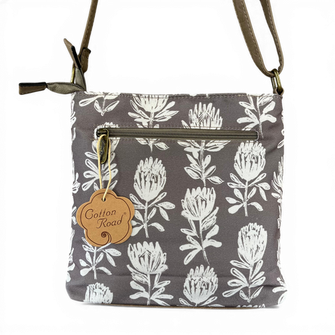 Cotton Road Sling Bag: KHAKI FLORAL Canvas with PU Leather Trim