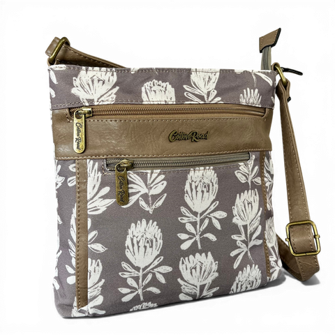 Cotton Road Sling Bag: KHAKI FLORAL Canvas with PU Leather Trim
