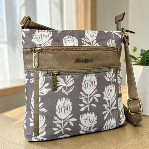 Cotton Road Sling Bag: KHAKI FLORAL Canvas with PU Leather Trim