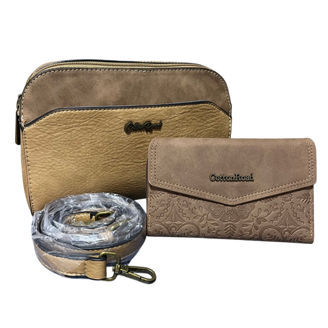 Cotton Road Sling Bag: KHAKI PU Leather Bag and Matching Wallet Set