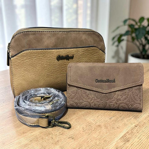 Cotton Road Sling Bag: KHAKI PU Leather Bag and Matching Wallet Set