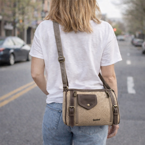 Cotton Road Sling Bag: KHAKI PU Leather Crossbody Bag with BRANDED Strap