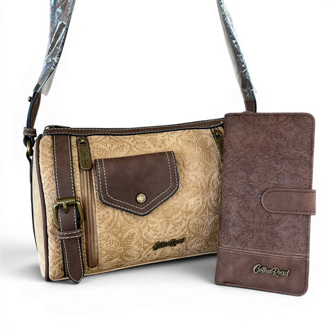 Cotton Road Sling Bag: KHAKI PU Leather Crossbody with BRANDED Strap and Matching Wallet