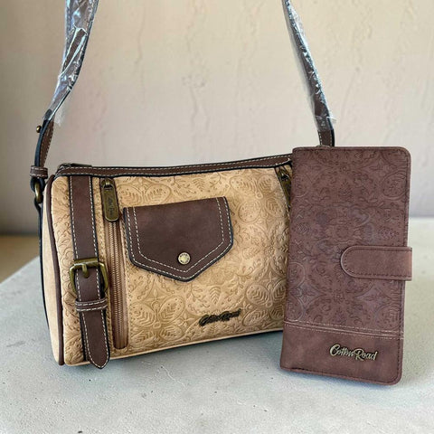 Cotton Road Sling Bag: KHAKI PU Leather Crossbody with BRANDED Strap and Matching Wallet