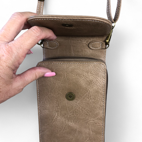 Cotton Road Sling Bag: KHAKI PU Leather Mini Cellphone Sling