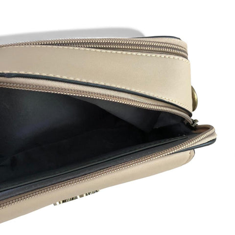 Cotton Road Sling Bag: KHAKI PU Leather Sling Bag with BRANDED STRAP