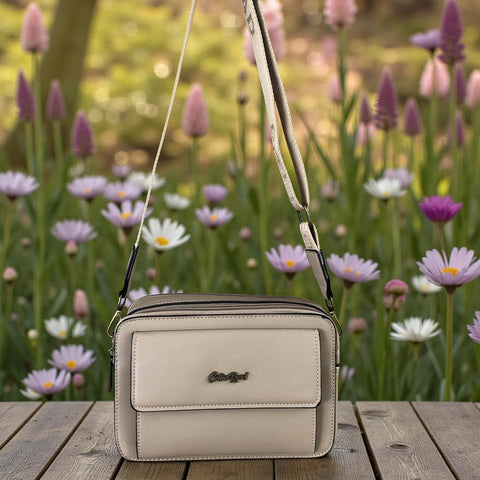 Cotton Road Sling Bag: KHAKI PU Leather Sling Bag with BRANDED STRAP