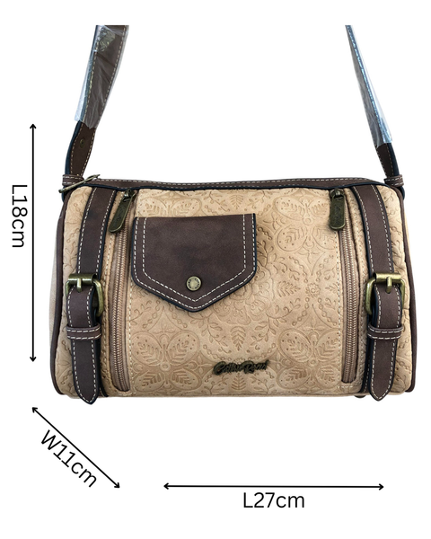 Cotton Road Sling Bag: KHAKI PU Leather Sling Bag with BRANDED Strap
