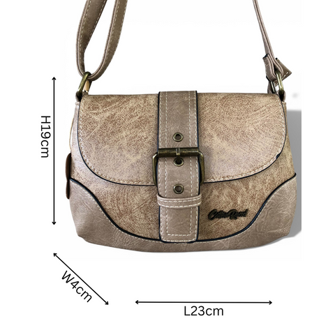 Cotton Road Sling Bag: KHAKI PU Leather Sling Bag with BUCKLE CLIP