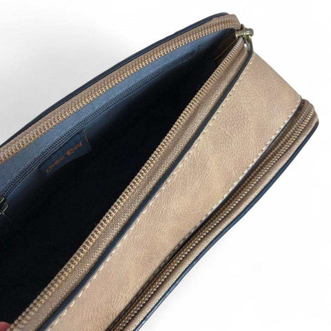 Cotton Road Sling Bag: KHAKI PU Leather Sling Bag with EMBOSSED FLOWERS