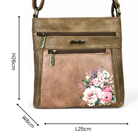 Cotton Road Sling Bag: KHAKI PU Leather Sling Bag with FLORAL detailing