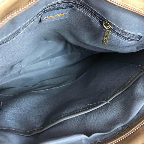 Cotton Road Sling Bag: KHAKI PU Leather Sling Bag with FLORAL detailing