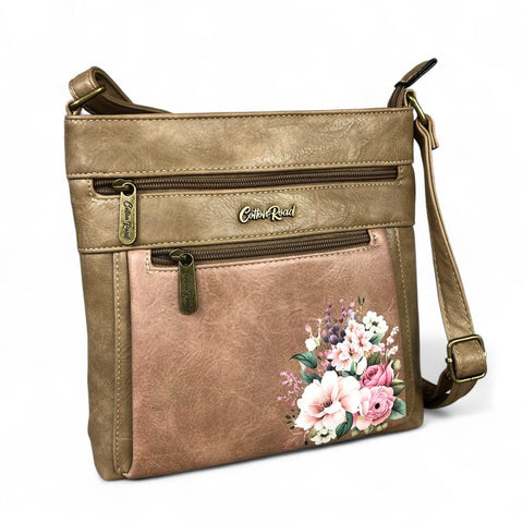 Cotton Road Sling Bag: KHAKI PU Leather Sling Bag with FLORAL detailing