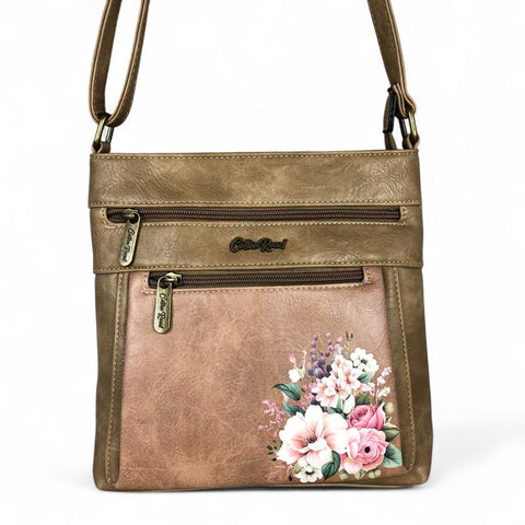 Cotton Road Sling Bag: KHAKI PU Leather Sling Bag with FLORAL detailing