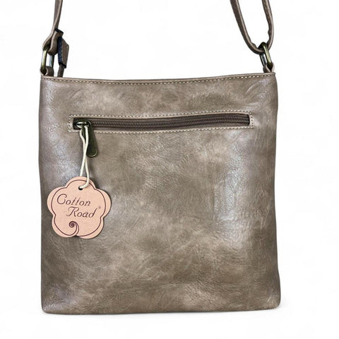 Cotton Road Sling Bag: KHAKI PU Leather Sling Bag with FLORAL detailing