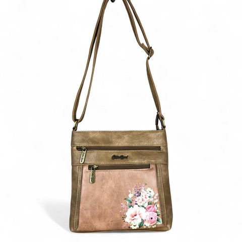 Cotton Road Sling Bag: KHAKI PU Leather Sling Bag with FLORAL detailing