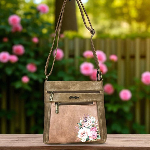 Cotton Road Sling Bag: KHAKI PU Leather Sling Bag with FLORAL detailing