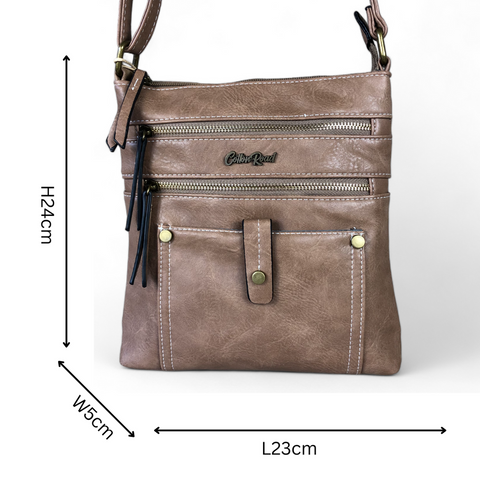 Cotton Road Sling Bag: KHAKI PU Leather Sling Bag with Metal Zip