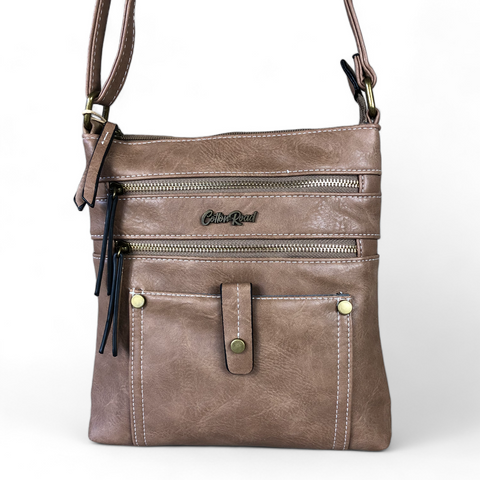 Cotton Road Sling Bag: KHAKI PU Leather Sling Bag with Metal Zip